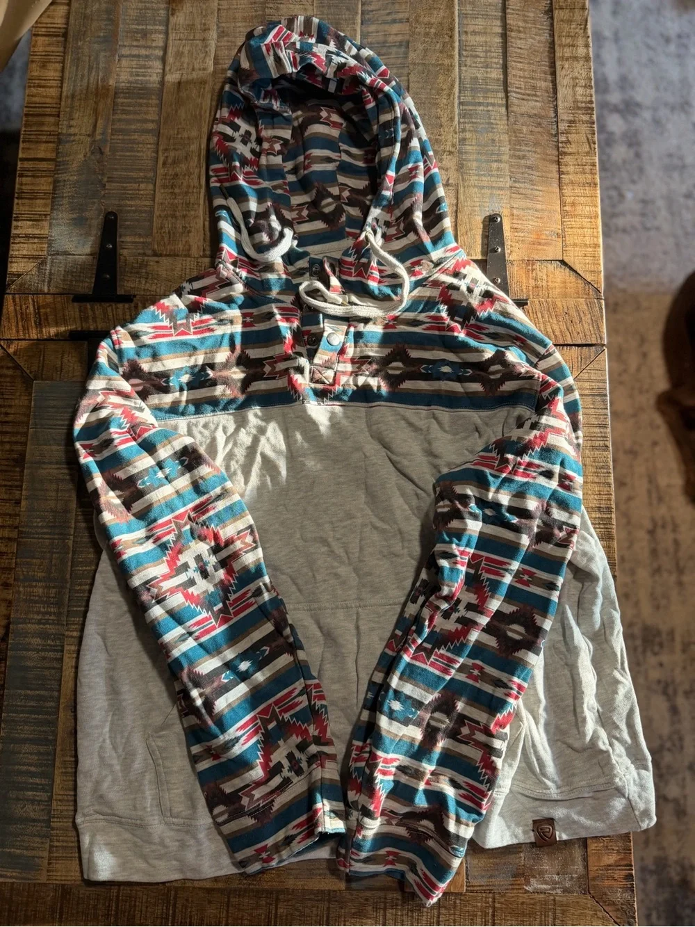 Rock Revival Hooded Aztec Stripe Pullover - Gray, Teal, Red